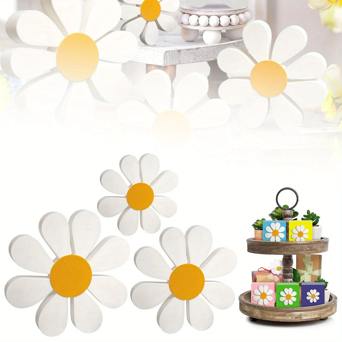 décoration murale bois marguerite vintage fleurs décoratives blanc jaune rustic champêtre