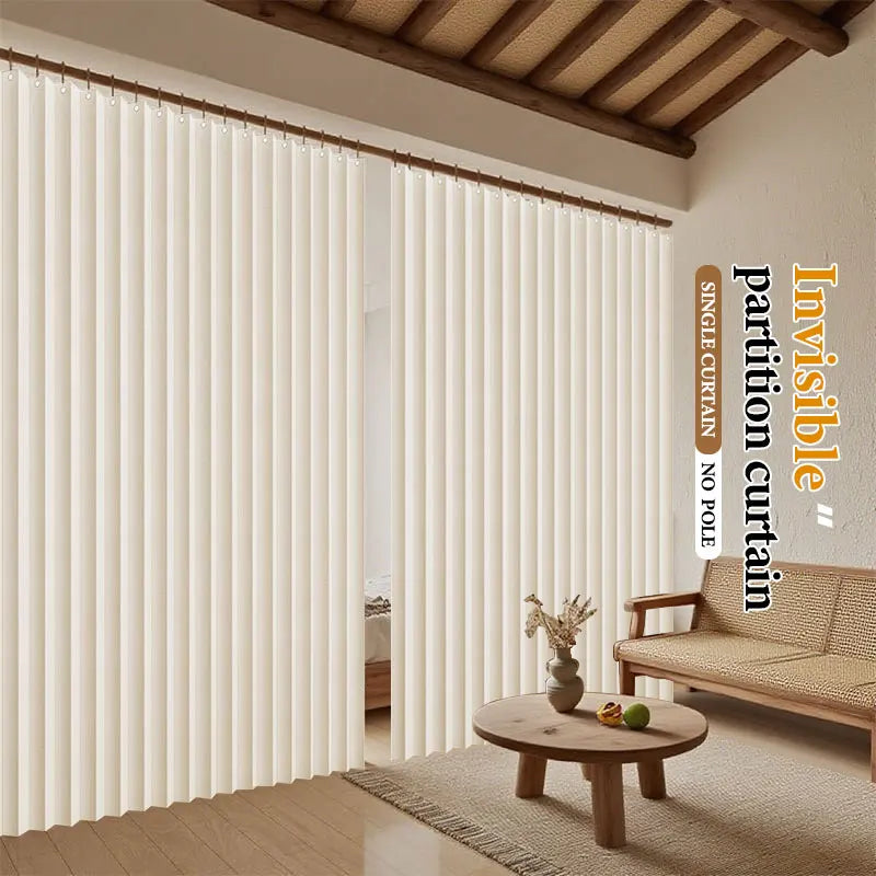 rideau invisible beige rayures horizontales moderne barre anti poussière rangement ordonné
