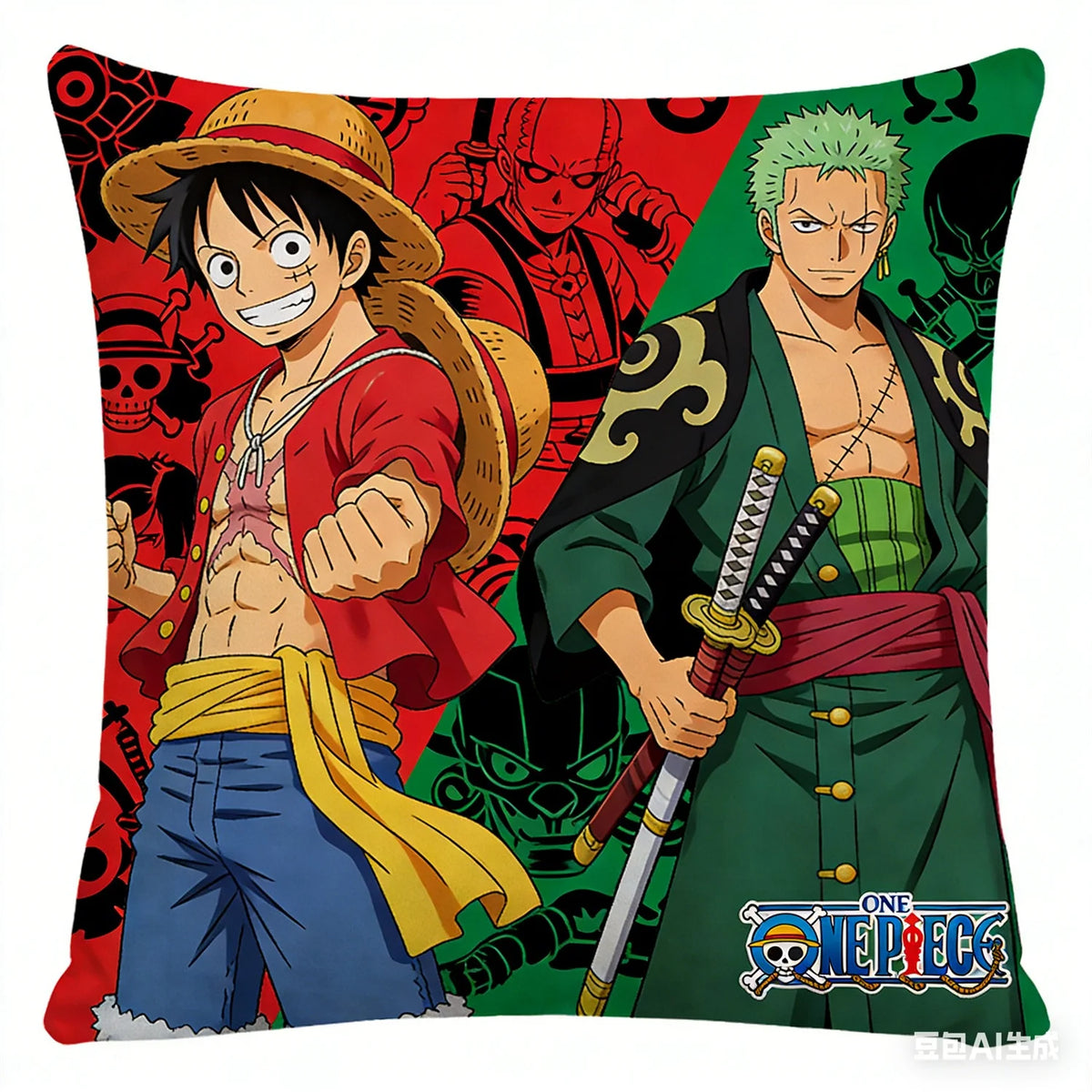housse coussin One Piece motif Luffy rouge bleu noir polyestère cartoon salon chambre coucher