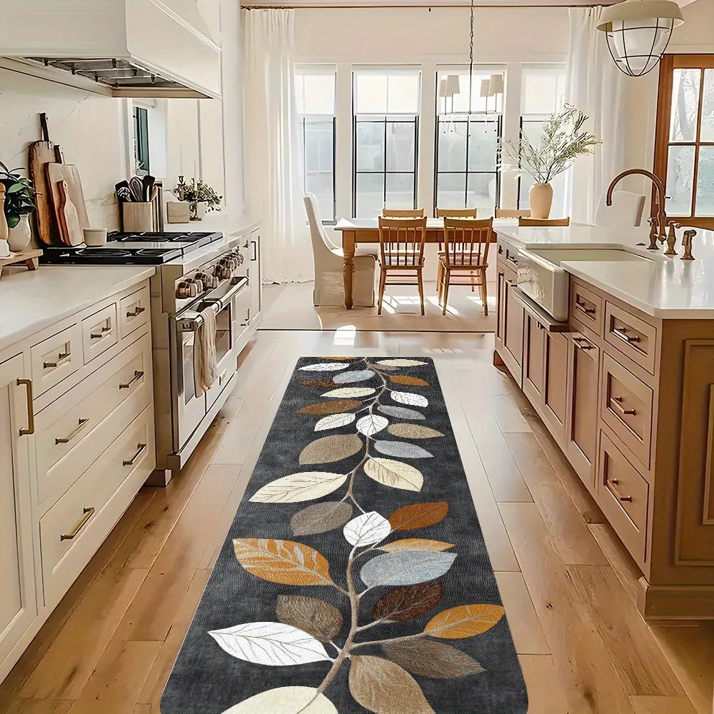 tapis gris foncé feuilles stylisées moderne résistant l'éclaboussure cuisine entrée chambre salon anti dérapant