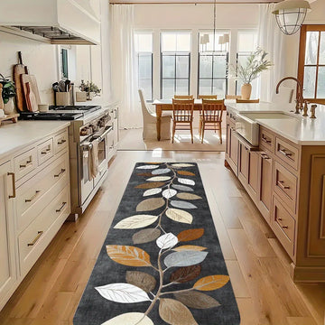 tapis gris foncé feuilles stylisées moderne résistant l'éclaboussure cuisine entrée chambre salon anti dérapant