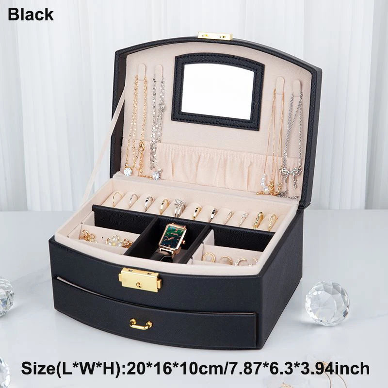 boîte bijoux moderne pliable miroir couches simili cuir poignées dorées blanc noir