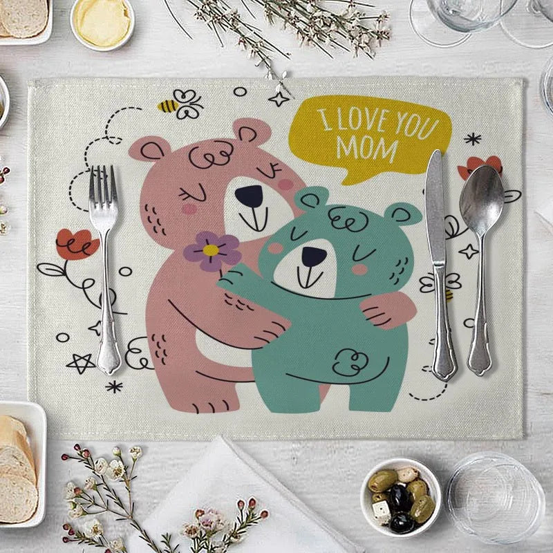 tapis table rectangulaire lin beige motif renard ours fleurs enfant cuisine