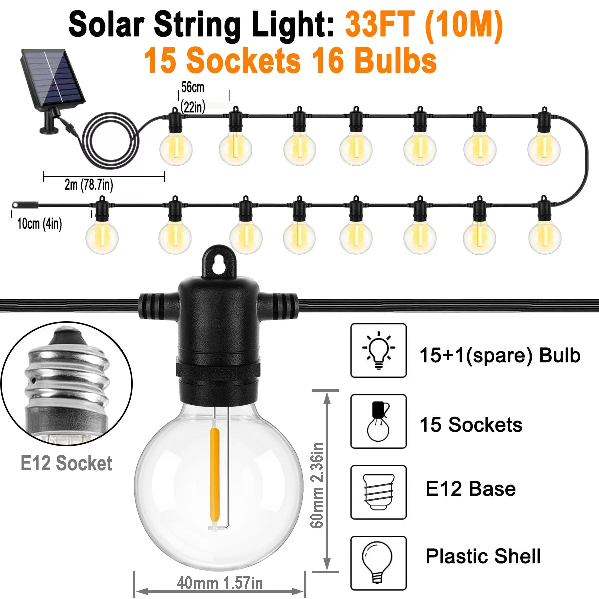 guirlande lumineuse solaire transparente 10m 15 ampoules led blanc noir moderne ip44