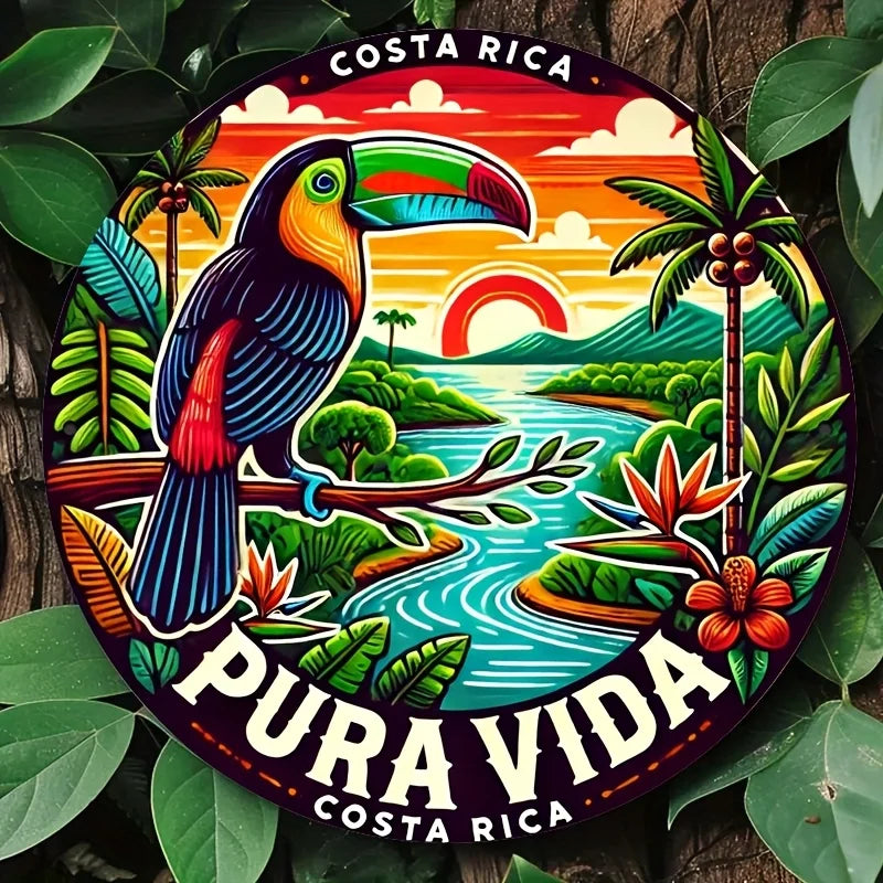 plaque métallique ronde illustration toucan paysage tropical coucher soleil fleurs exotiques multicolore rouge jaune