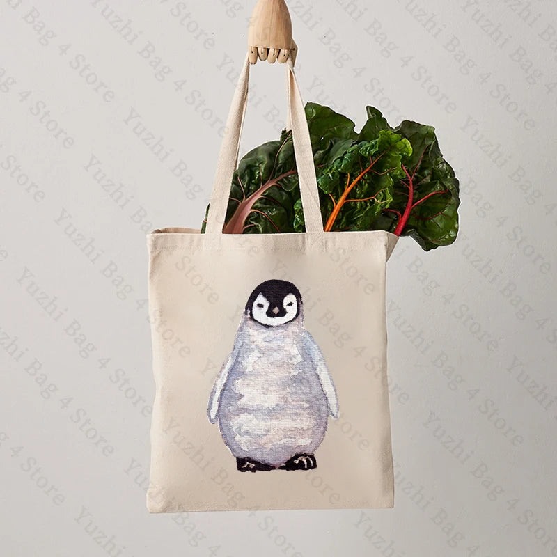 sac main femme toile beige imprimé pingouin casual sans fermeture éclair poignées tissu grande