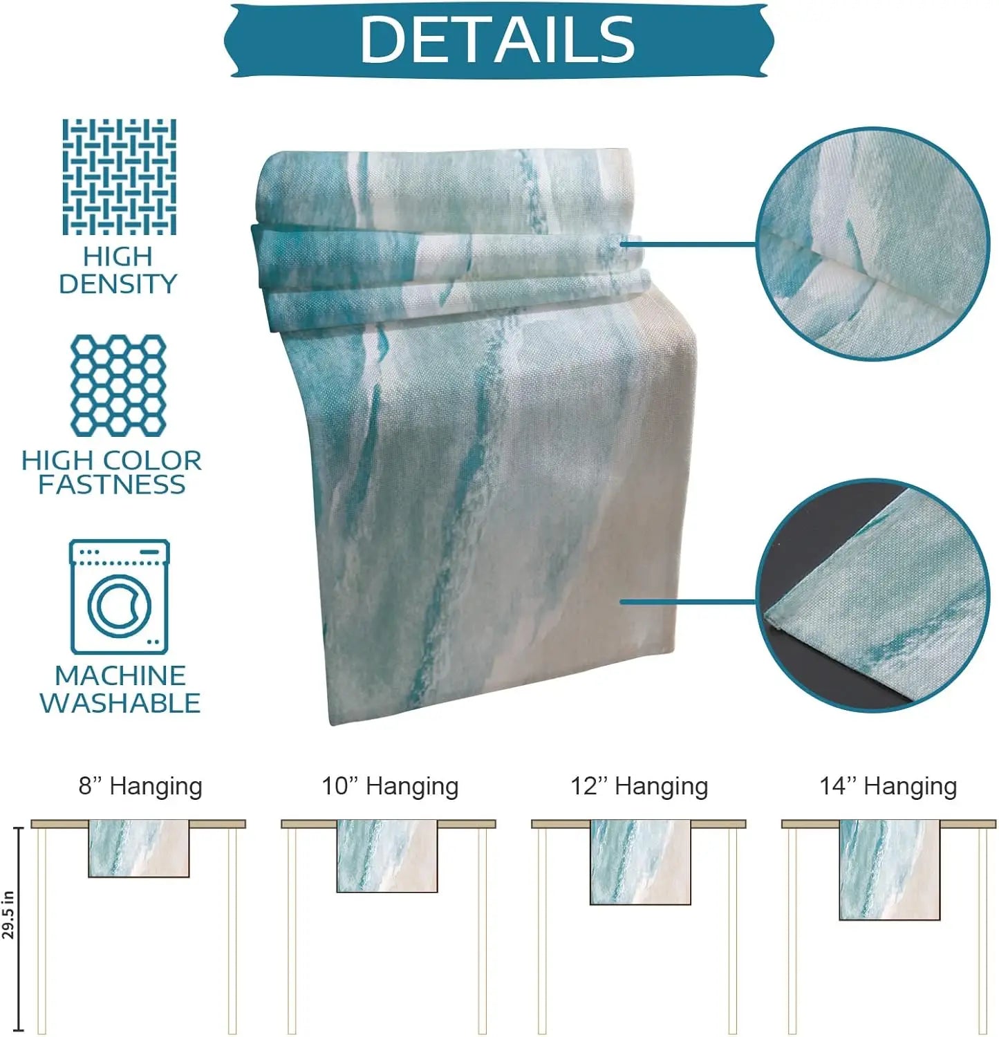 Cette image promotionnelle présente des rideaux bleu-vert avec un motif abstrait, indiquant leur haute densité, couleur éclatante et lavage en machine.