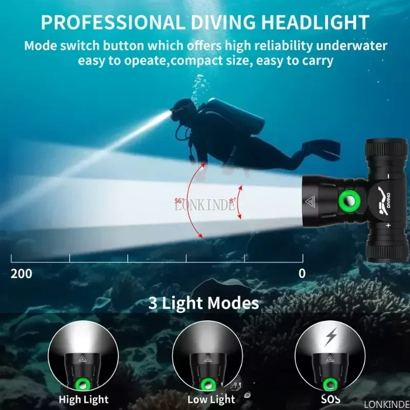 lampe frontale plongée led noir doré robuste ipx8 indicateur batterie ceinture ajustable moderne fonctionnelle