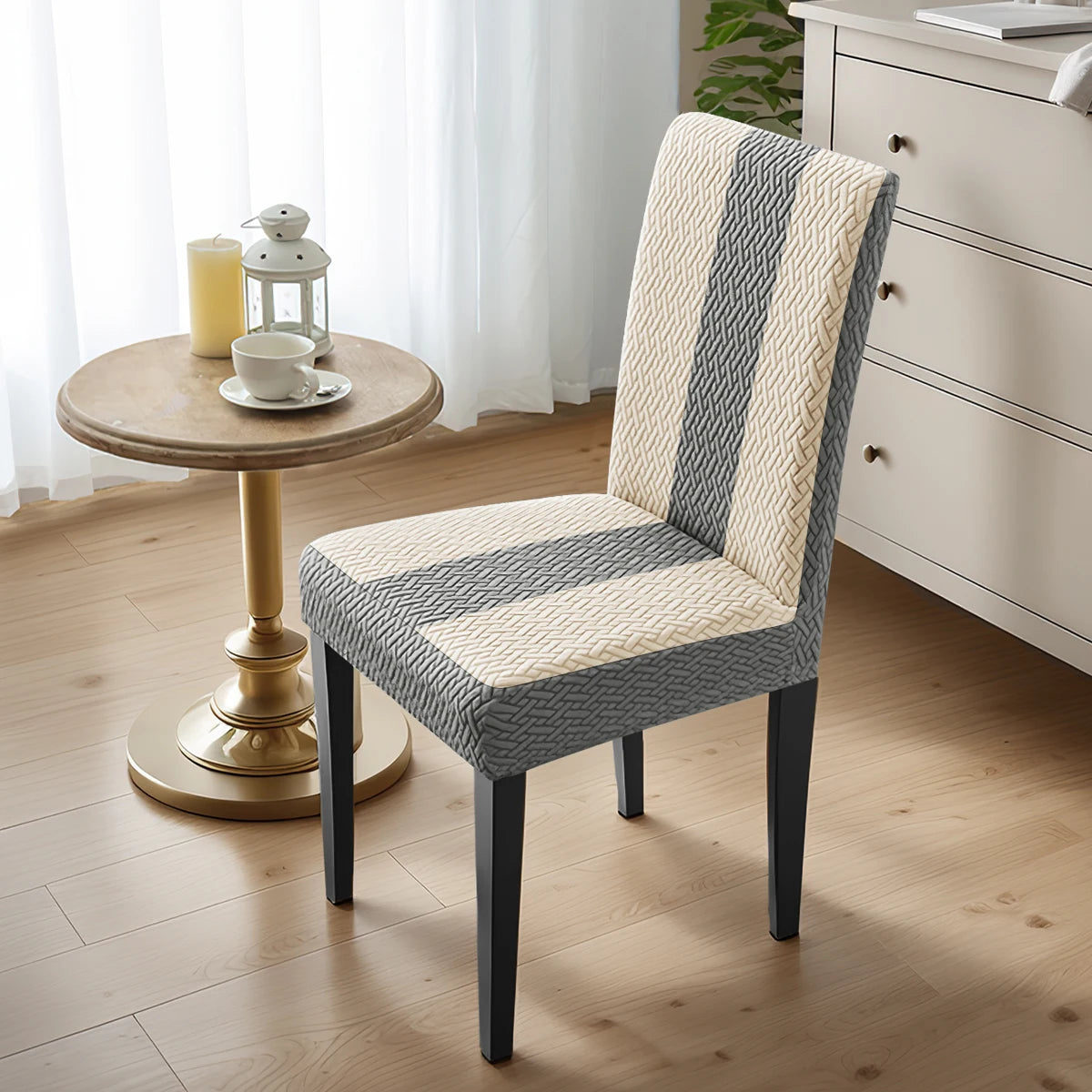 housse chaise moderne rayées géométriques gris beige élasthanne polyester salon chambre