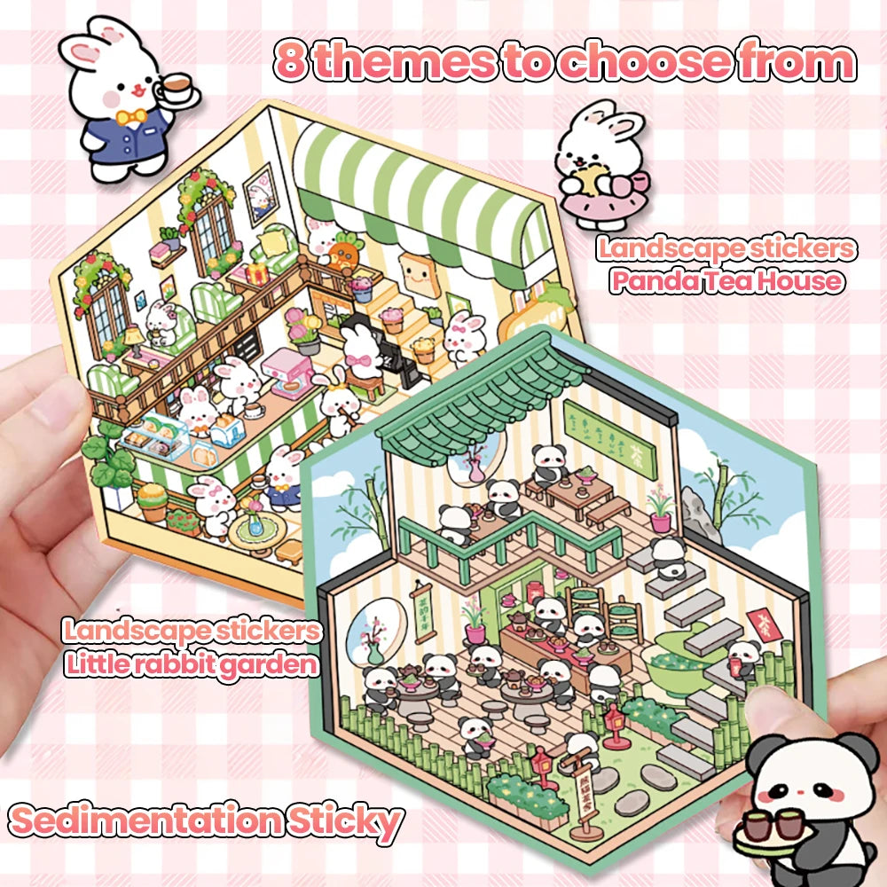 stickers 3d maison poupées animées rose blanc vert décoration enfant crafting mignon detalles adhesifs