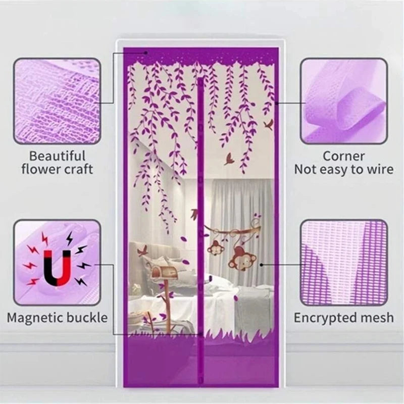 rideau porte violet bleu moderne fleurs feuilles oiseaux translucide clous dorés 90x210cm