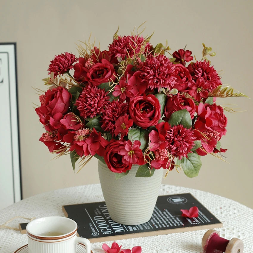 Bouquet fleurs artificielles soie roses pivoines hortensias vase deco mariage anniversaire intérieur classique