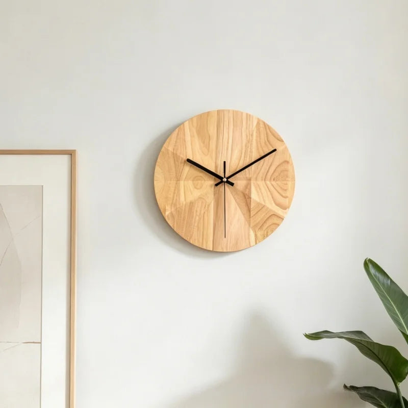 horloge murale bois naturel motif géométrique moderne aiguille quartz circulaire salon décoration unique opacité