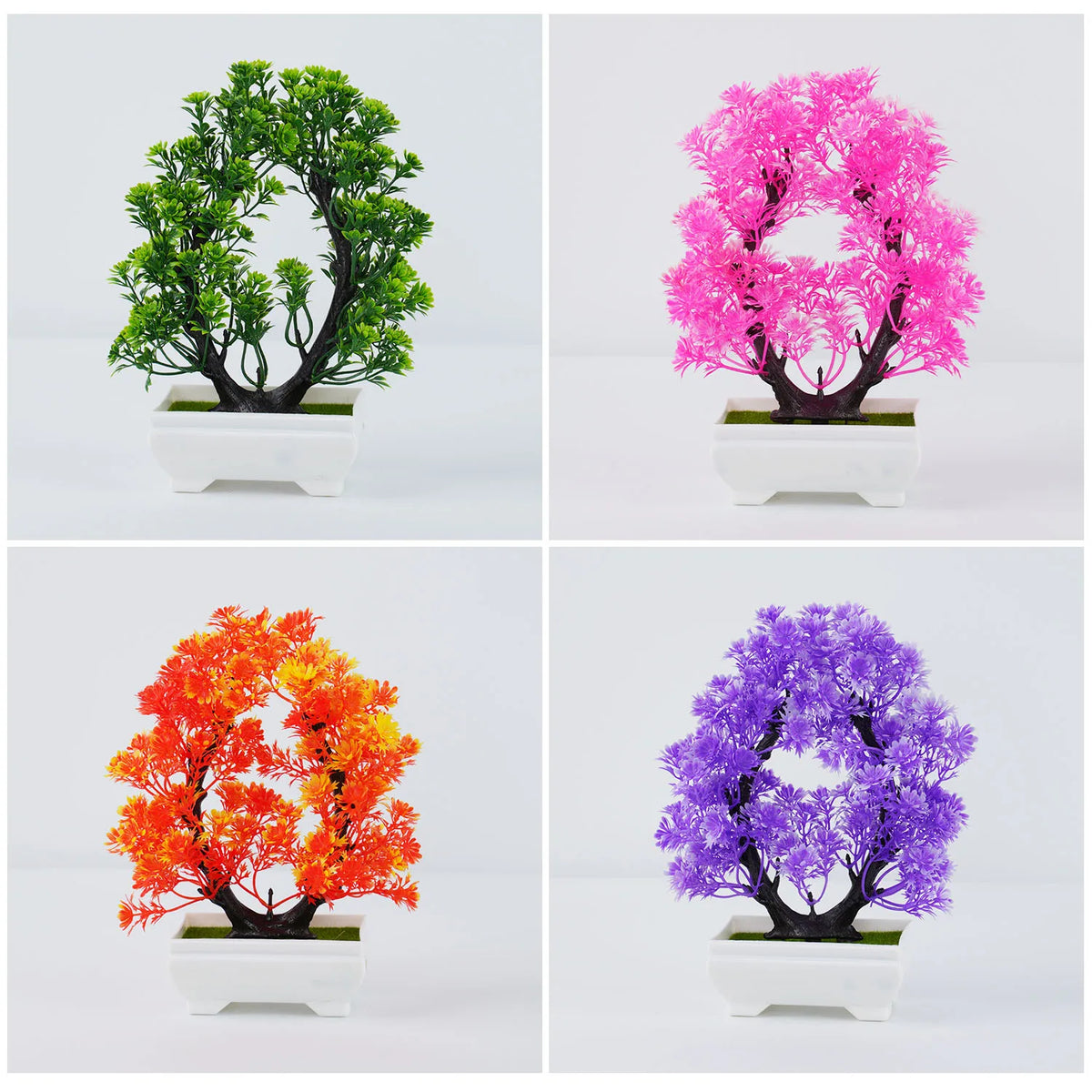 plante artificielle bonsaï pot violet vert rose feuilles fines mousse verte décoration intérieure extérieure