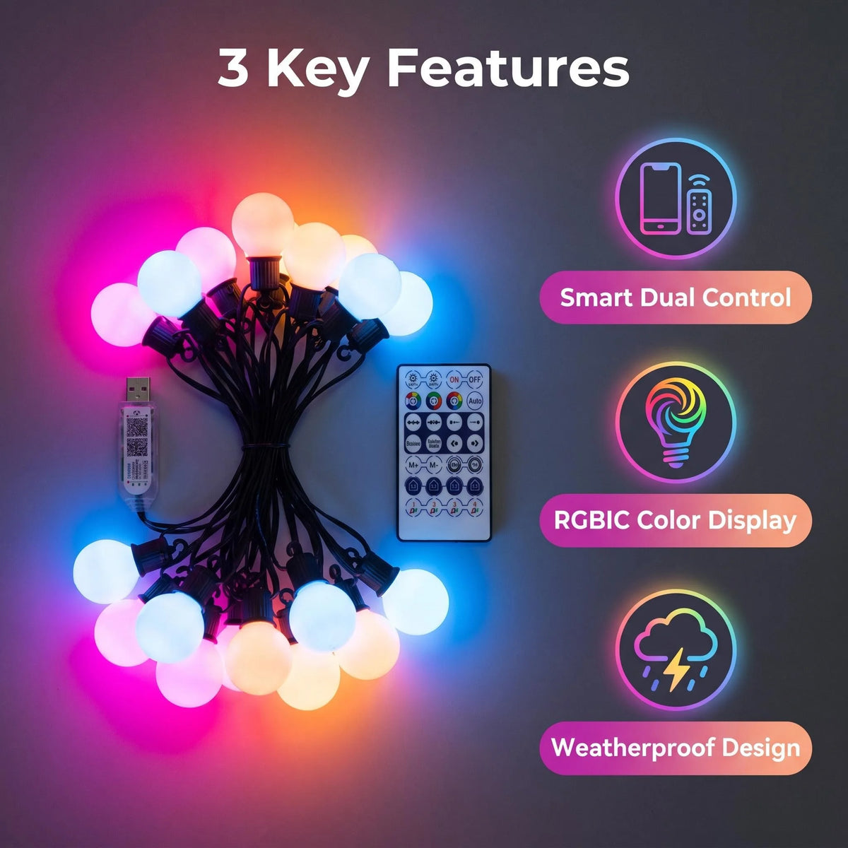 guirlande lumineuse multicolore boules sphériques clips moderne télécommande adaptateur usb alexa google assistant