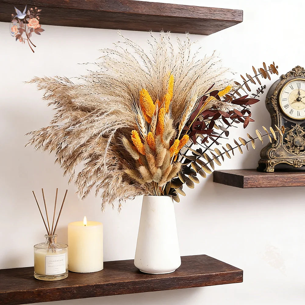 bouquet fleurs séchées naturelles plumes feuilles beige marron anniversaire décoration maison automne rustic