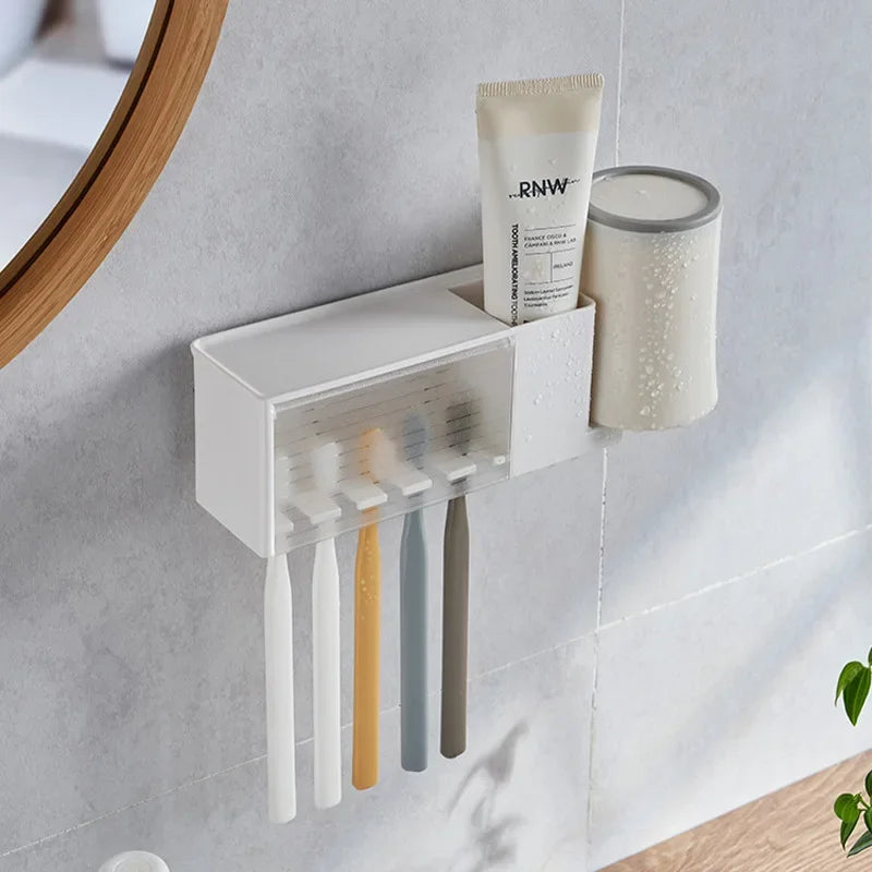 organisateur mural moderne blanc gris brosses dents compartiment dentifrice adhésif salle bain minimaliste