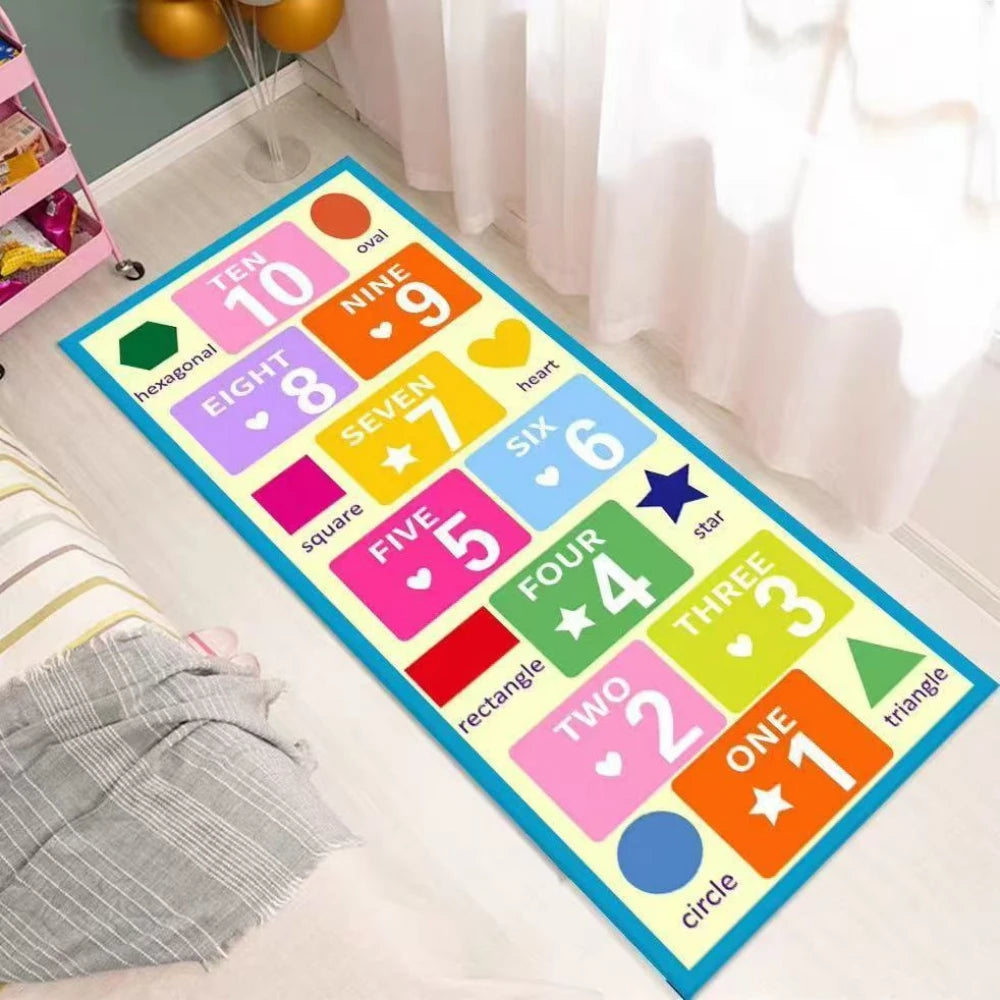 tapis enfant fleurs numéros géométriques bleu vert orange jaune rose polyester antidérapant moderne chambre