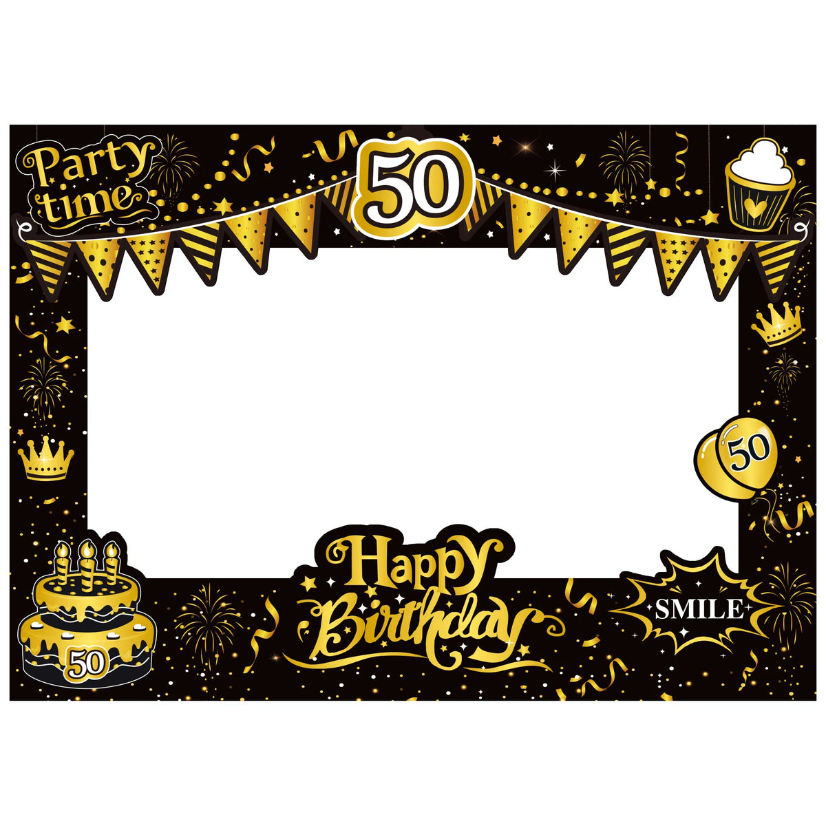 cadre photo noir doré guirlandes happy birthday party time smile festive