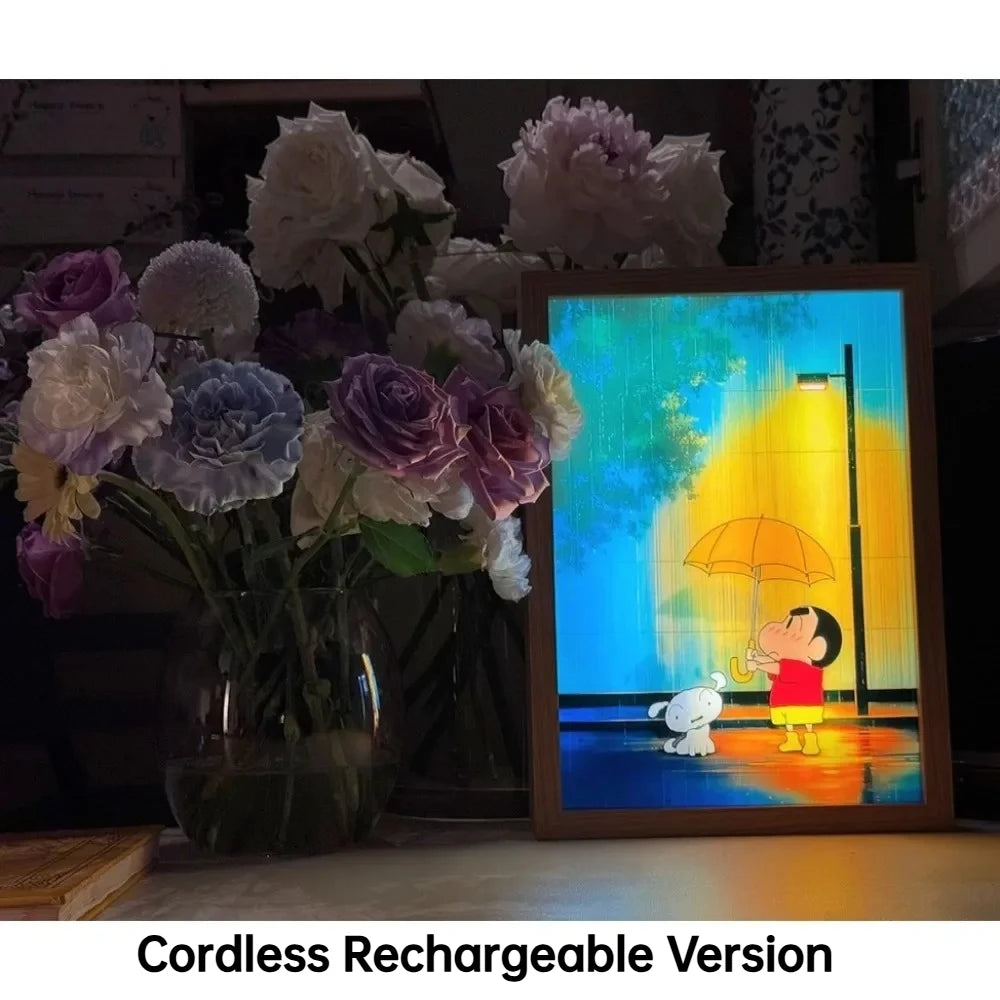 veilleuse led cadre lumineux shin chan illustration parapluie bois naturel noir contemporain clips