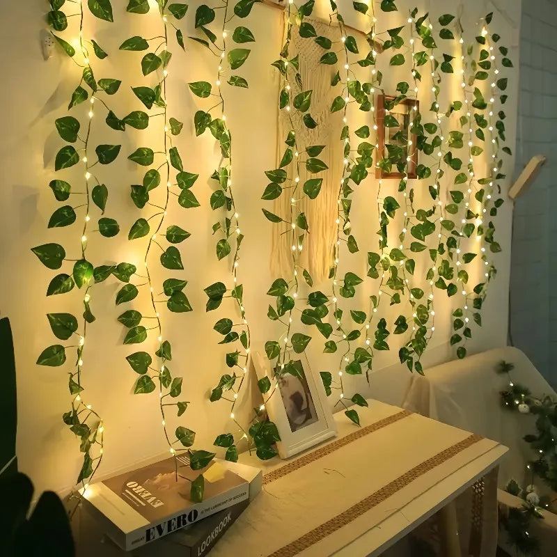 guirlande lumineuse feuilles vertes dorées moderne 100led 10mètres décoration chambre fête mariage anniversaire noël