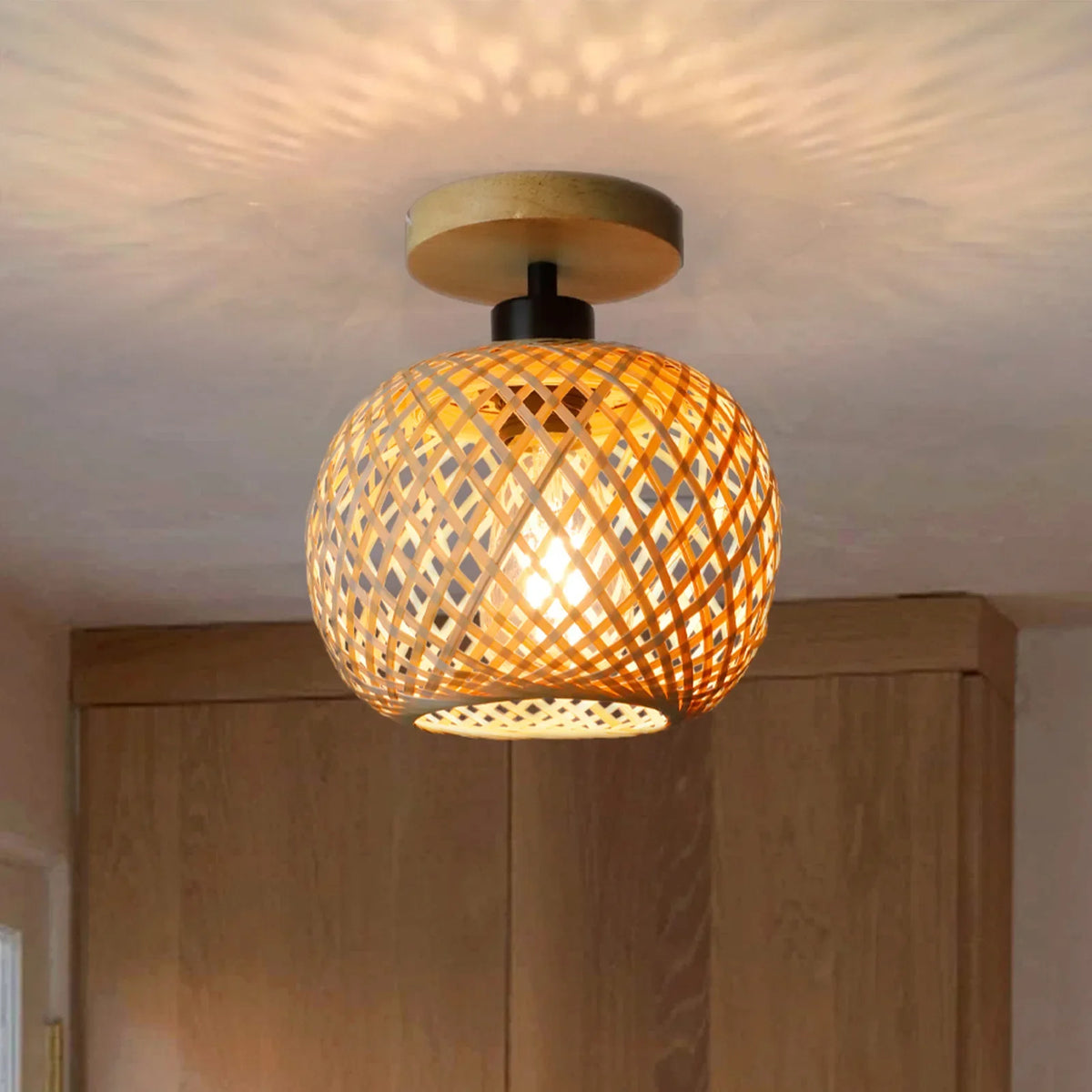 lampe suspendue tissage bambou moderne rustique naturel noir étain E26 E27
