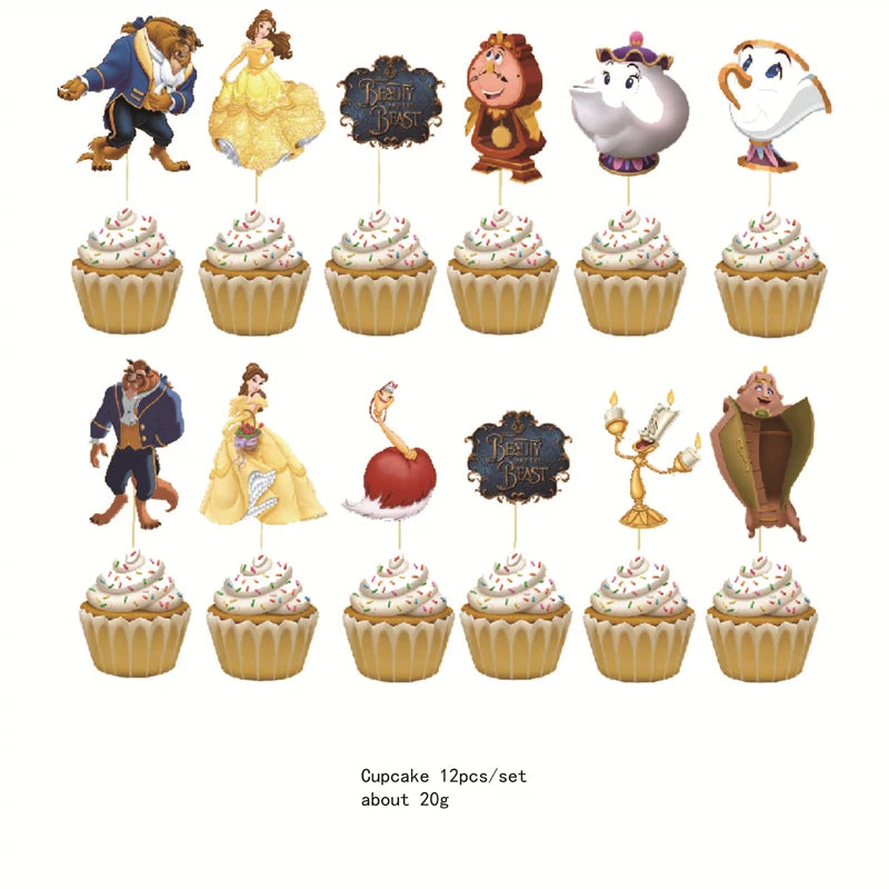 accessoires fête anniversaire enfant dessin animé belle bête princesse décor gâteau cupcake toppers