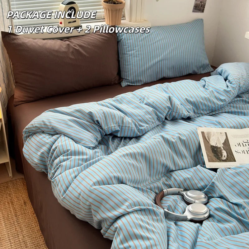 ensemble literie moderne rayures bleu marron housse couette taies oreiller adultes chambre