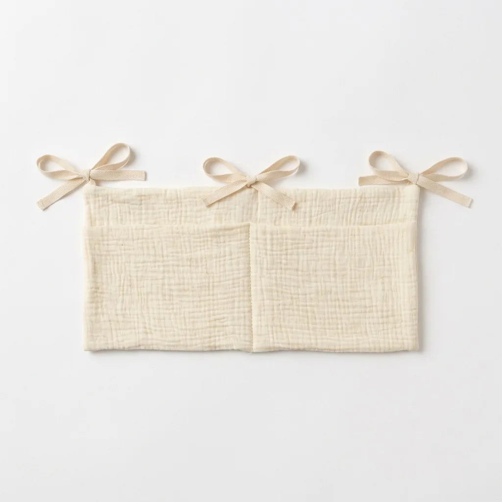 sac rangement lit bébé coton beige bleu rose simple rubans sécurité