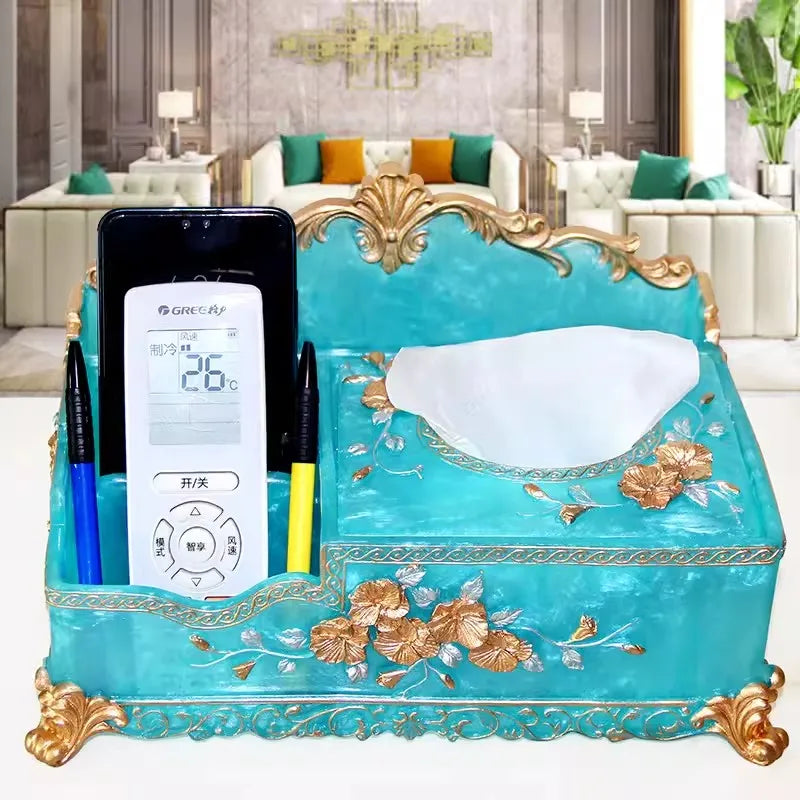 boîte mouchoirs baroque or ornements roses fleurs blanches smartphone parfum télécommande translucent