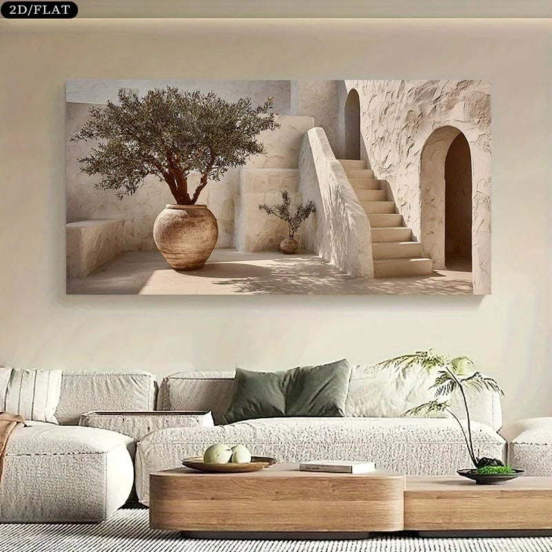 toile d'art moderne minimaliste paysage architectural arbre escalier plante verte beige sans cadre chambre