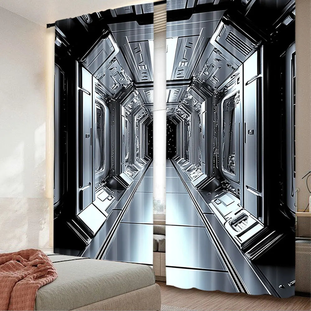 rideau futuriste noir argenté polyester opaque deux panneaux moderne industriel 75x166cm 105x230cm 130x210cm