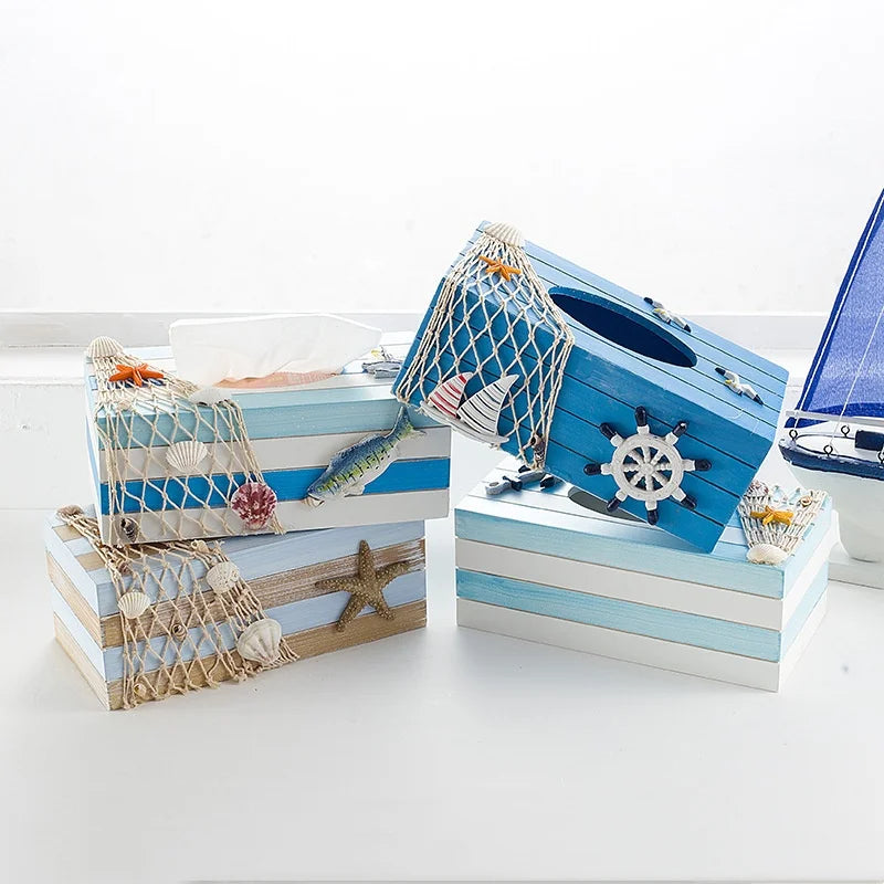 boîte mouchoirs marin bois bleu rayures coquillages bateau étoile mer décorative maison rangement