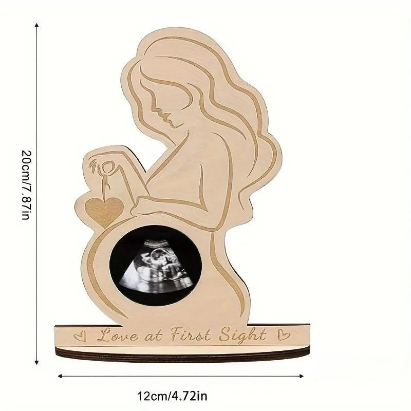 Cadre photo bois naturel silhouette femme bébé motif cœur minimaliste ornement échographie