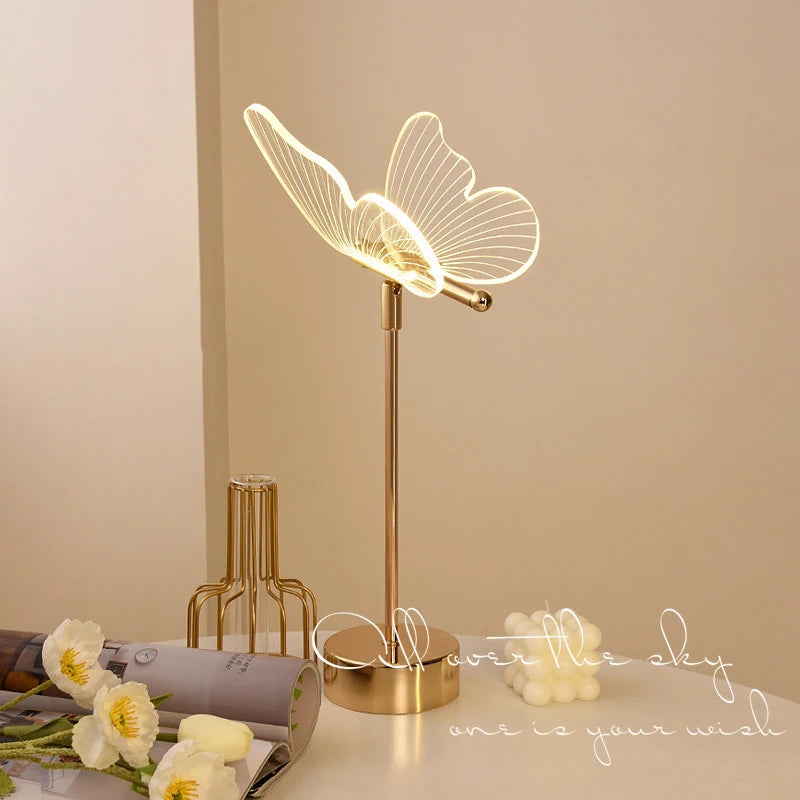 lampe table moderne papillon led or transparent décoration chambre veilleuse usb minimaliste