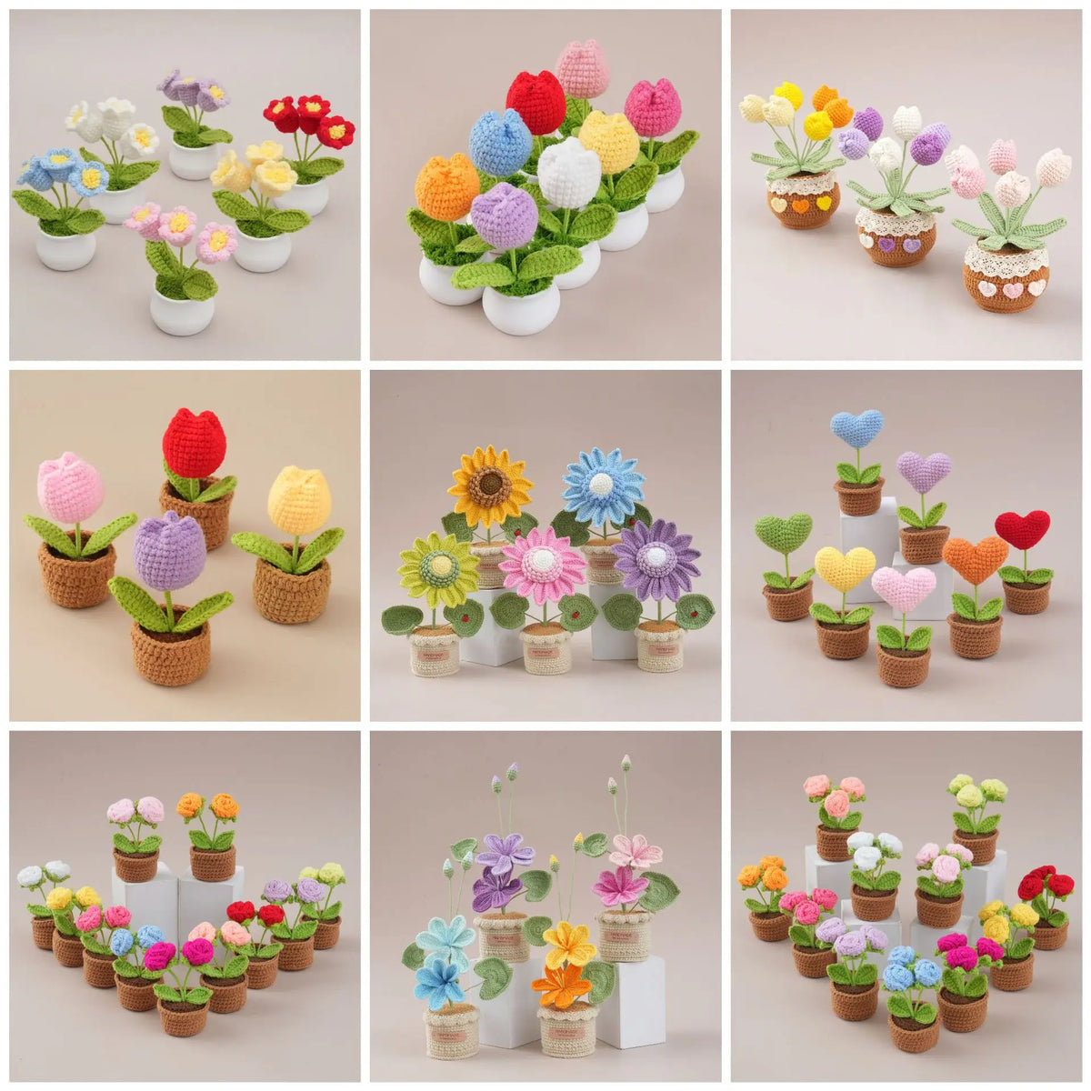 fleurs artificielles tricotées bouquet artisanal couleur bleue rose orange rouge jaune vert blanc marron
