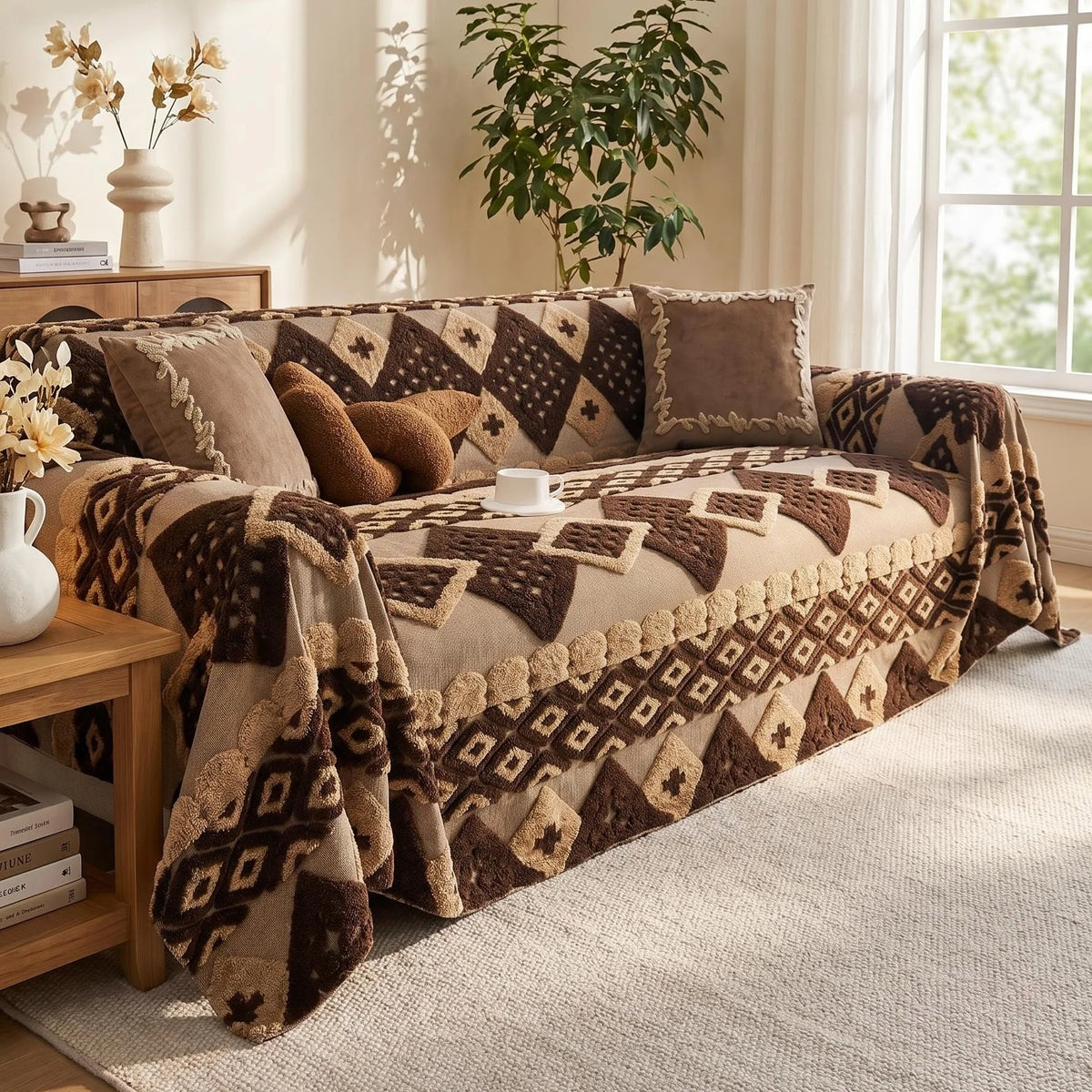 couverture canapé jacquard géométrique beige marron opacité douce lavable fauteuil inclinable futon modular trois