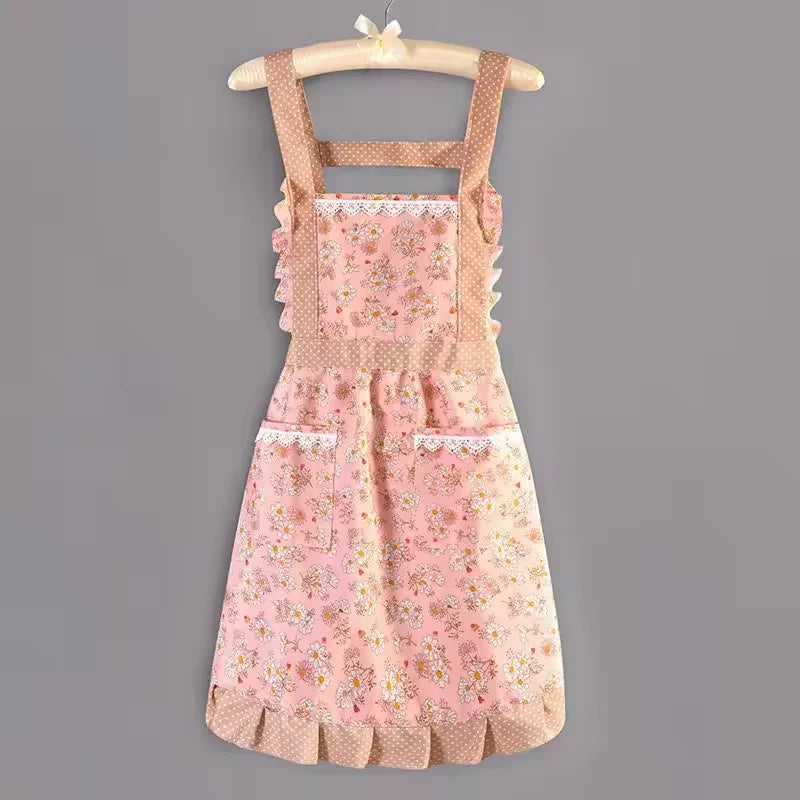 tablier cuisine floral durable réutilisable facile nettoyer couleur rose vert poches dentelle rustic