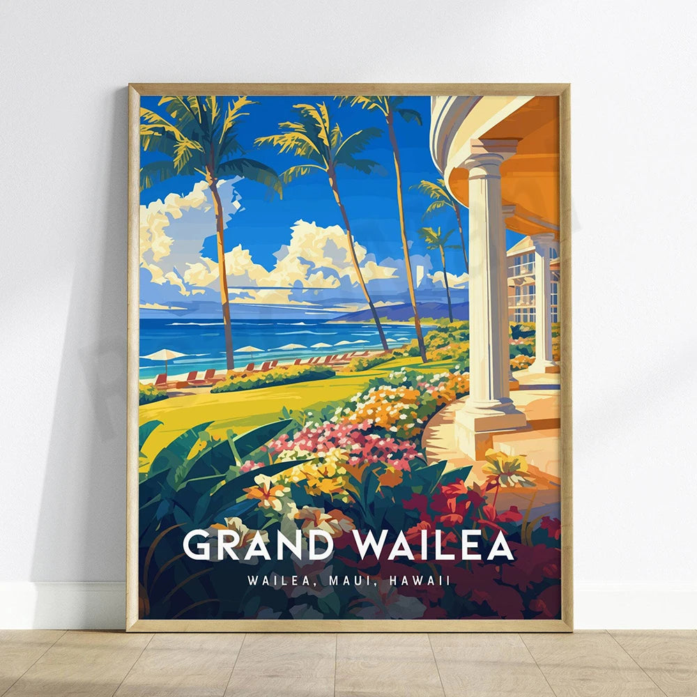 Une image numérique dans un cadre montrant un paysage paradisiaque de Grand Wailea à Maui, Hawaii, avec des palmiers, des fleurs tropicales et une vue sur la mer.