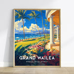 Une image numérique dans un cadre montrant un paysage paradisiaque de Grand Wailea à Maui, Hawaii, avec des palmiers, des fleurs tropicales et une vue sur la mer.