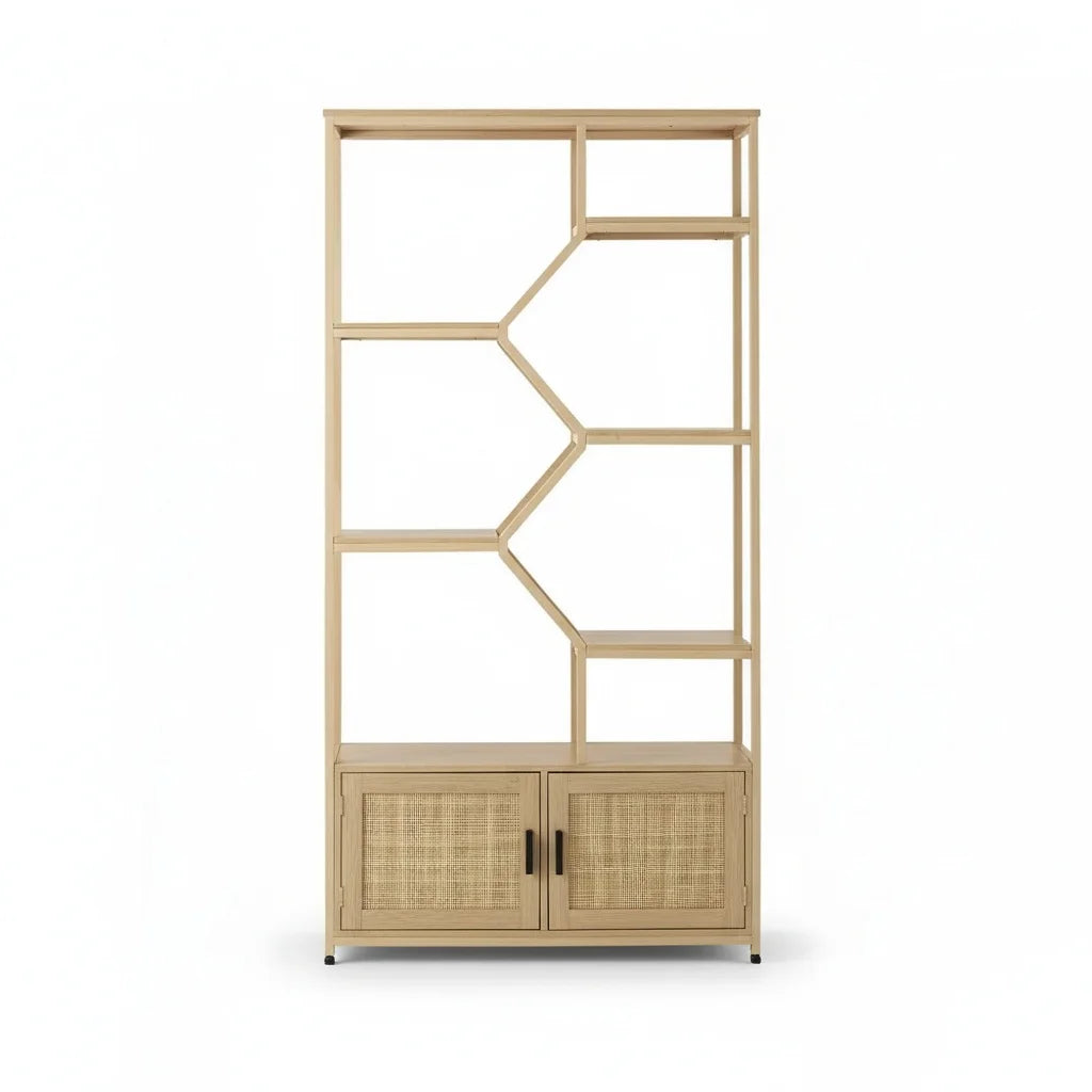 étagère bois rotin moderne niveaux portes poignées pieds ajustables naturel scandinave rangement