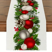 nappe table noël motifs festifs boules sapin houx rouge argenté moderne traditionnel