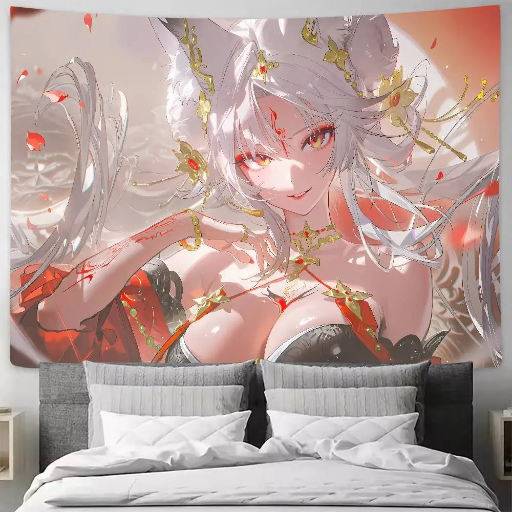 tapisserie murale art numérique anime femme cheveux blancs accessoires dorés détails floraux 100x150cm 150x200cm
