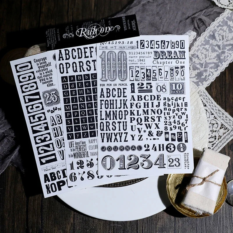 étiquettes décoratives imprimées alphabet numérique blanc noir scrapbooking artisanat junk journal DIY