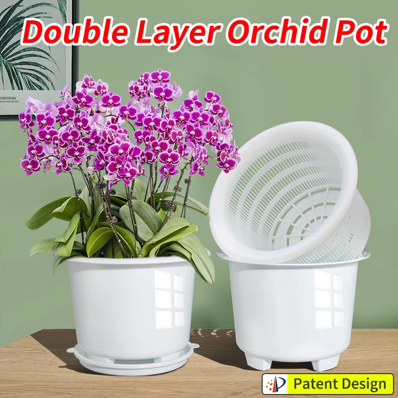 Cache-pot 20 cm double paroi blanc avec orchidée