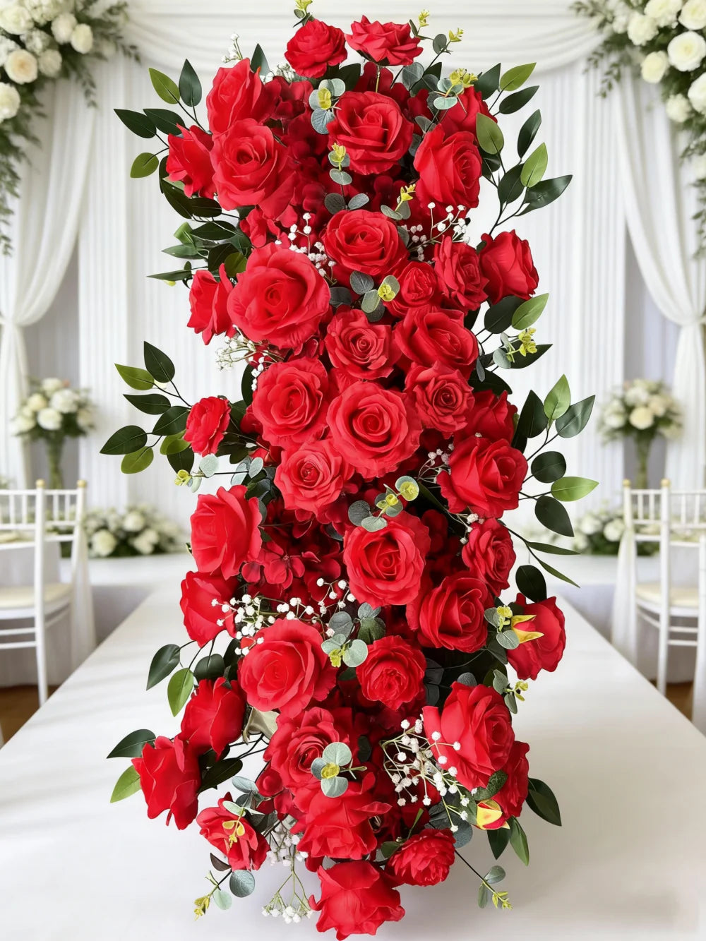 décoration mariage rideau floral cascade roses baby's breathintérieur romantique élégant