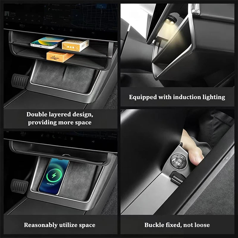 rangement sous écran voiture tesla boîte storage box organizer double couche éclairageintérieur pliable moderne