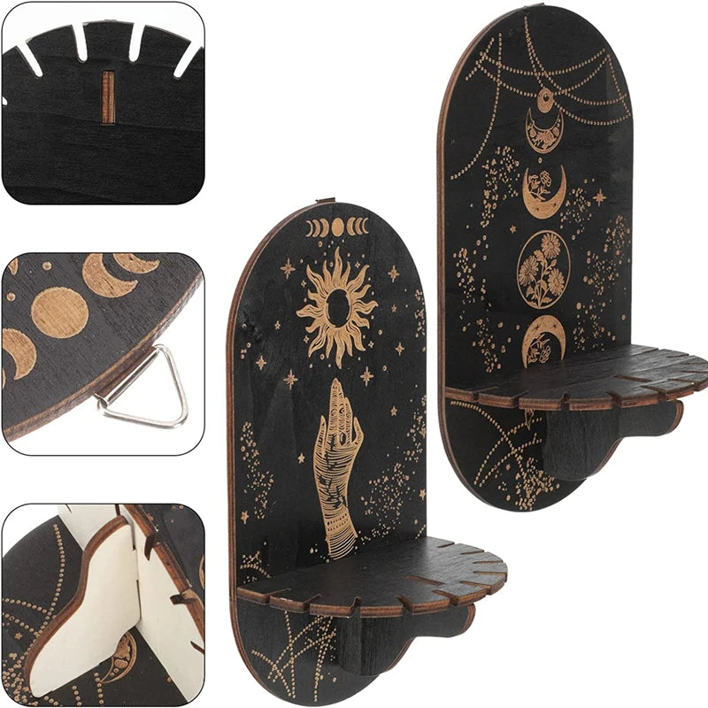 étagère murale noire dorée ornementations astrologiques pendeloques semi précieuses artisanal