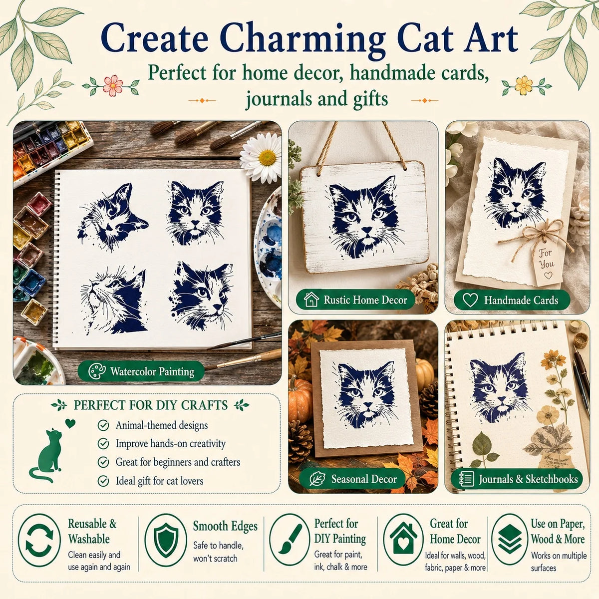 stencils peinture motifs chats artisanal modernes adhésifs beige clair diy murs projets