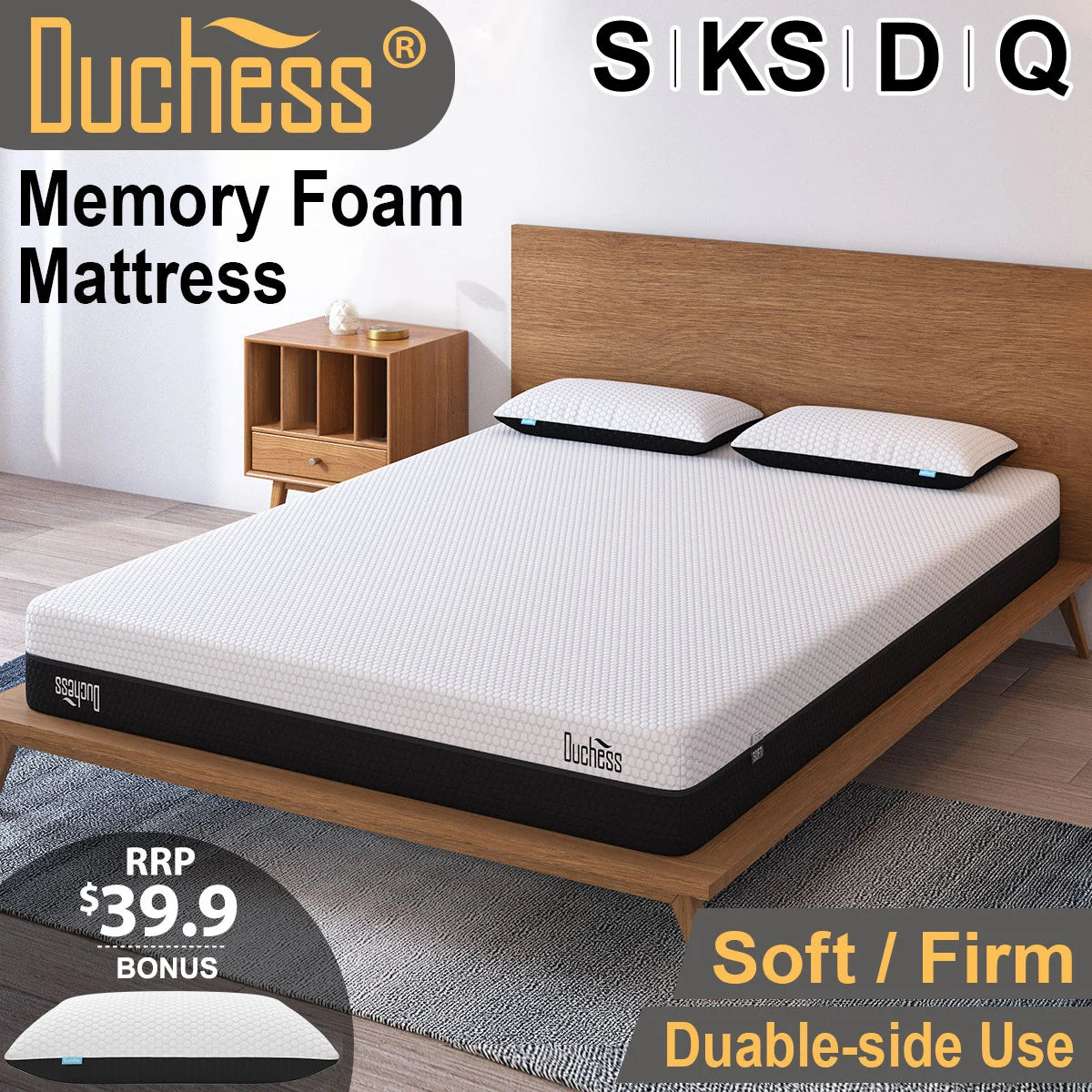 matelas mémoire forme gel double king single queen oreillers blancs texture moderne chambre blanc